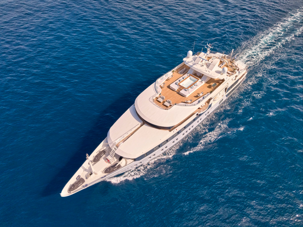 A photo shows an aerial view of a 236-foot yacht.