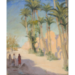 A really nice painting of the desert and some trees.