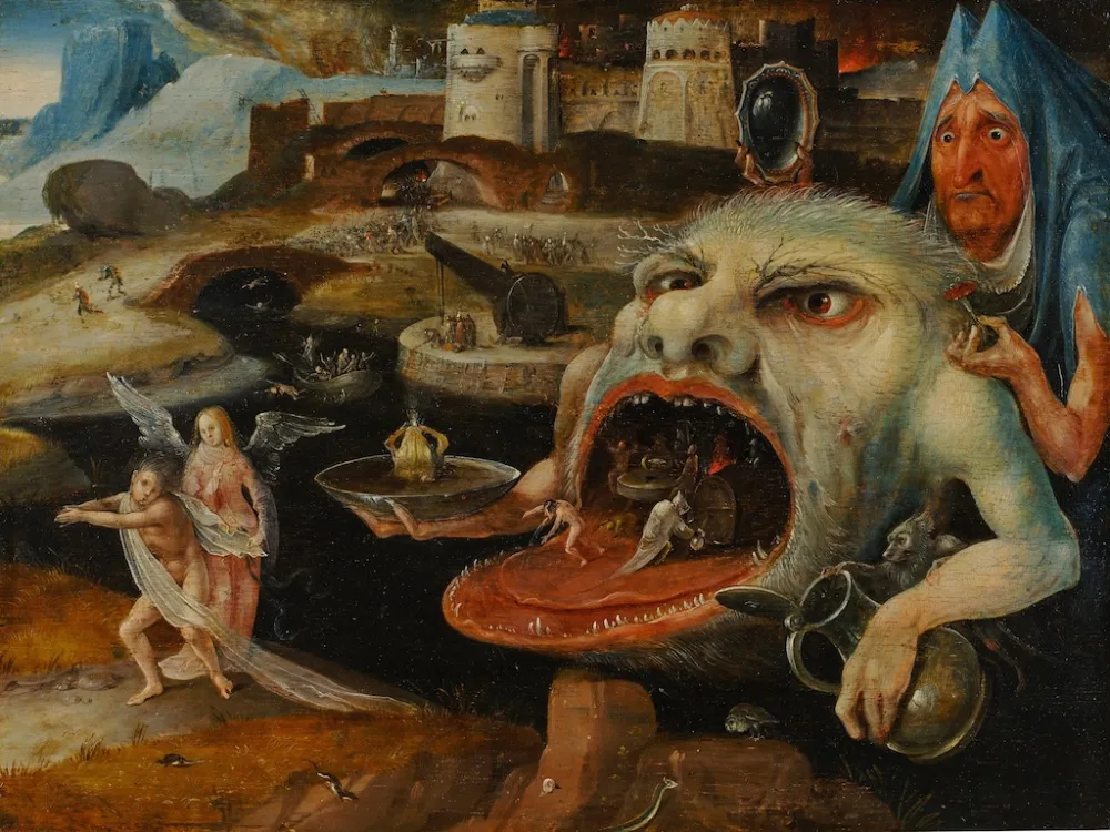 A ferociously grotesque “hell mouth” holds a platter in one hand and a pitcher in the other, while human figures writhe and suffer on its wicked tongue. Angels appear to be fleeing in the foreground while in the background a small armies clash in the shadow of a medieval castle.