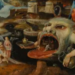 A ferociously grotesque “hell mouth” holds a platter in one hand and a pitcher in the other, while human figures writhe and suffer on its wicked tongue. Angels appear to be fleeing in the foreground while in the background a small armies clash in the shadow of a medieval castle.