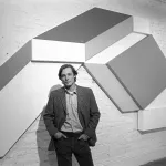 Charles Hinman in front of one of his works, February 1969
