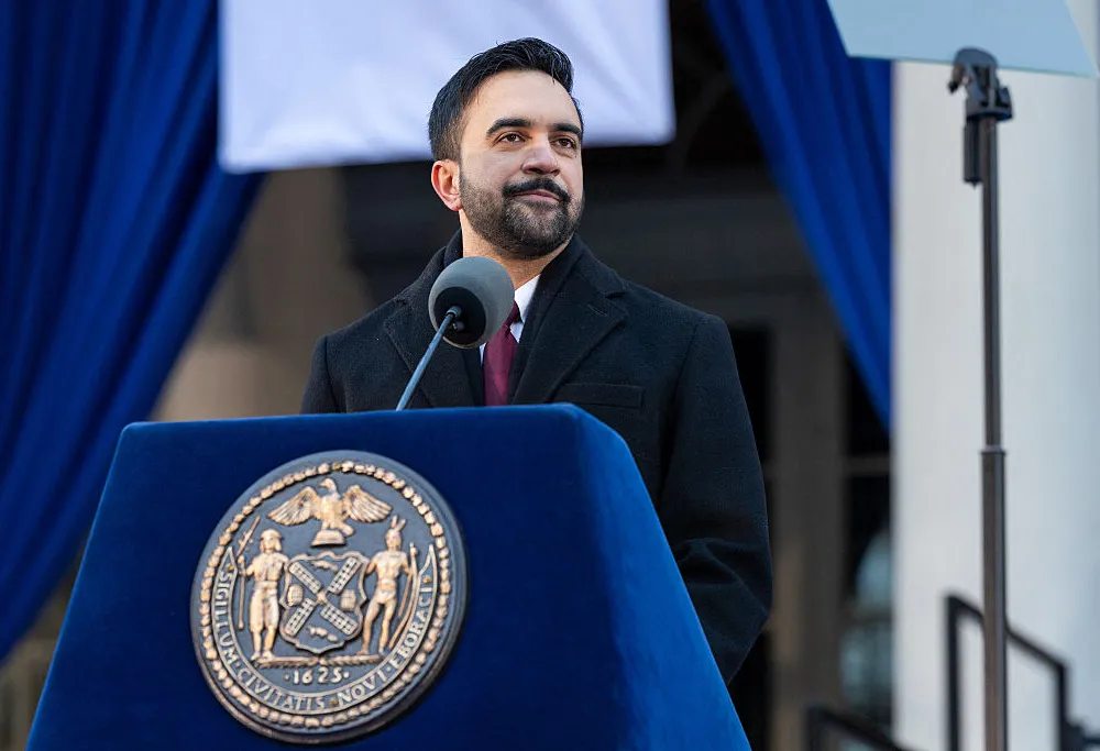 Mayor Zohran Mamdani addresses the crowd at the 2026 New York City Inauguration outside of City Hall in New York City, New York, United States on January 1, 2026. (Photo by Jason Alpert-Wisnia / Hans Lucas / AFP via Getty Images)