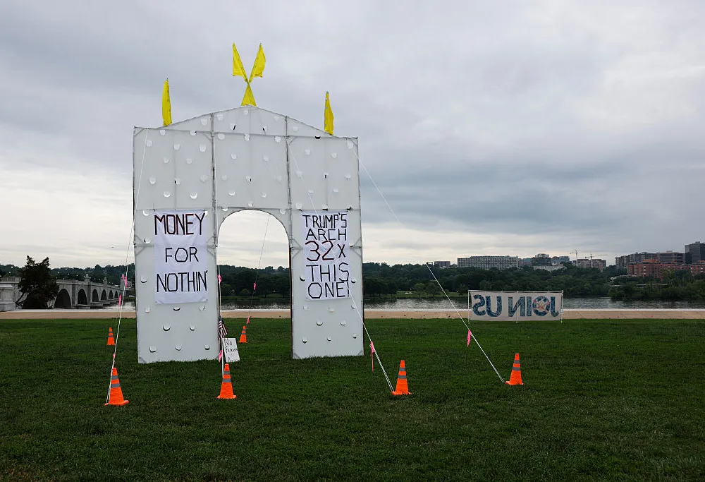 WASHINGTON, DC - MAY 26: Demonstrators gather near Arlington Memorial Bridge to protest U.S. President Donald Trump