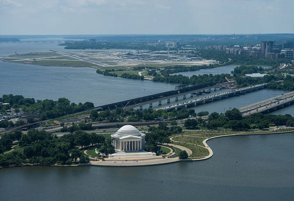 WASHINGTON, DC - JUNE 7: In an aerial view, The Jefferson Memorial is seen on the National Mall on June 07, 2026 in Washington, DC. The Trump Administration has prioritized cleaning up and renovating the National Mall ahead of the country