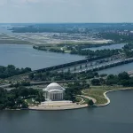 WASHINGTON, DC - JUNE 7: In an aerial view, The Jefferson Memorial is seen on the National Mall on June 07, 2026 in Washington, DC. The Trump Administration has prioritized cleaning up and renovating the National Mall ahead of the country