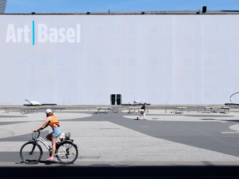 A bicyclist stops to look at the