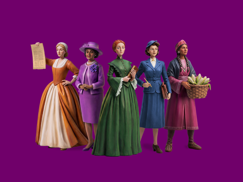 purple background with illustrations of five women standing next to each other