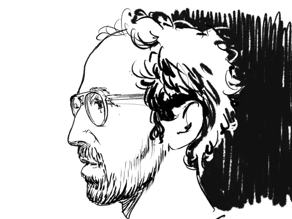 A black and white sketch of a man in glasses with a thin beard.
