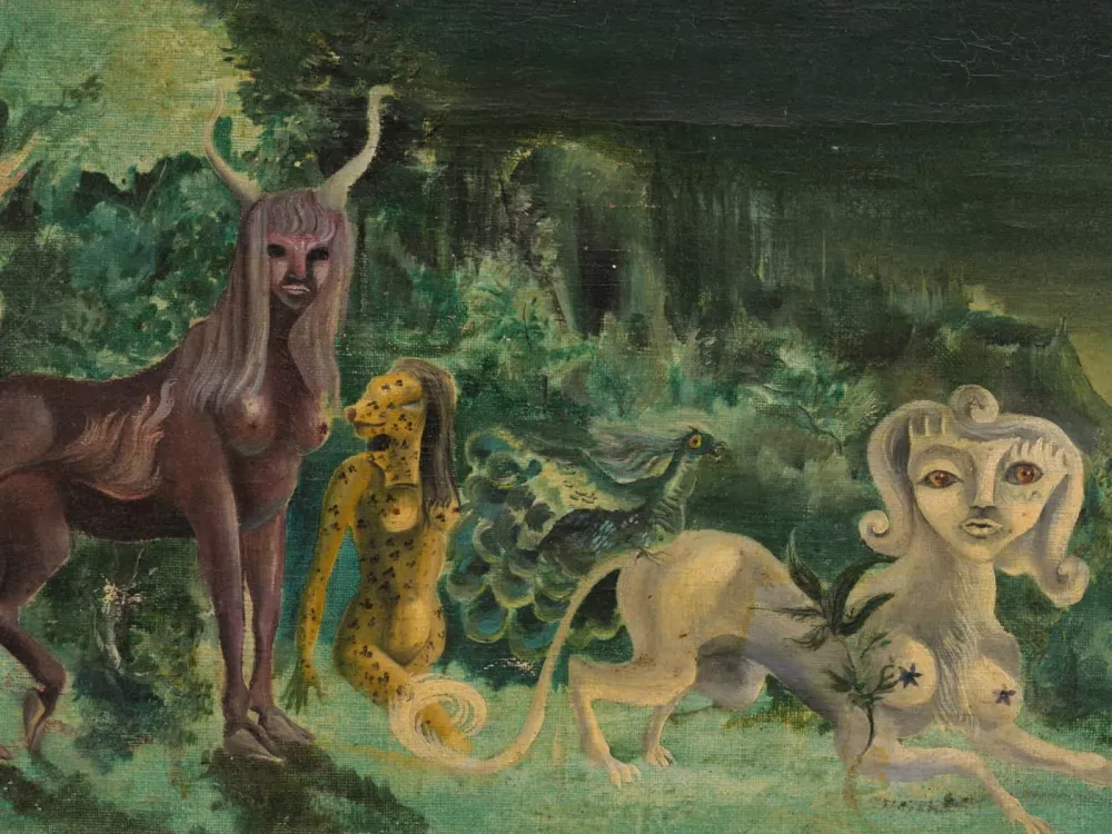 A painting of multiple animal-human hybrids, all of which have women