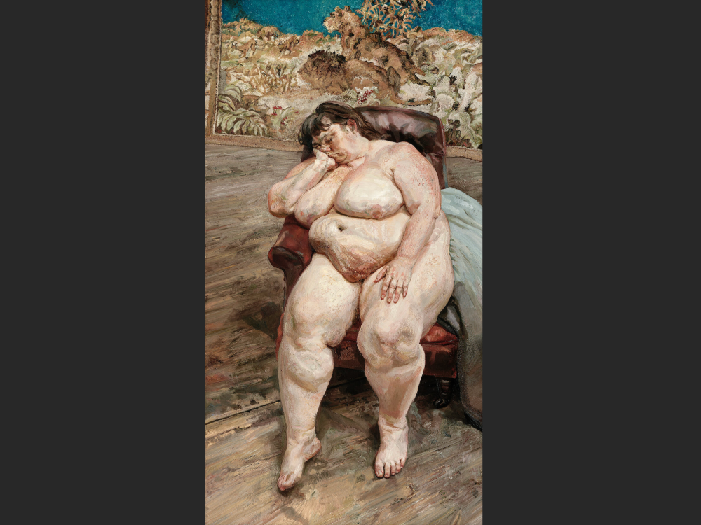 A thickly painted portrait of a nude, heavy-set woman sleeping in a chair.