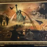 A long painting featuring presidents, the Statue of Liberty, soldiers planting a flag, a rocket ship flying, and more.