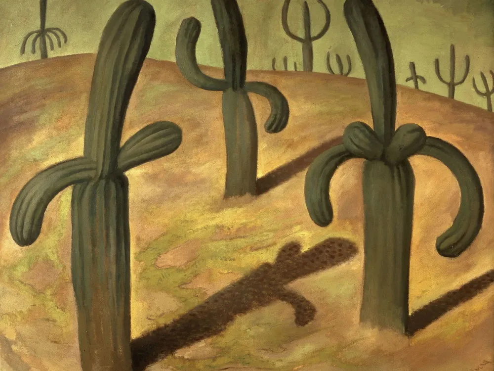 A painting of cacti in an arid desert.