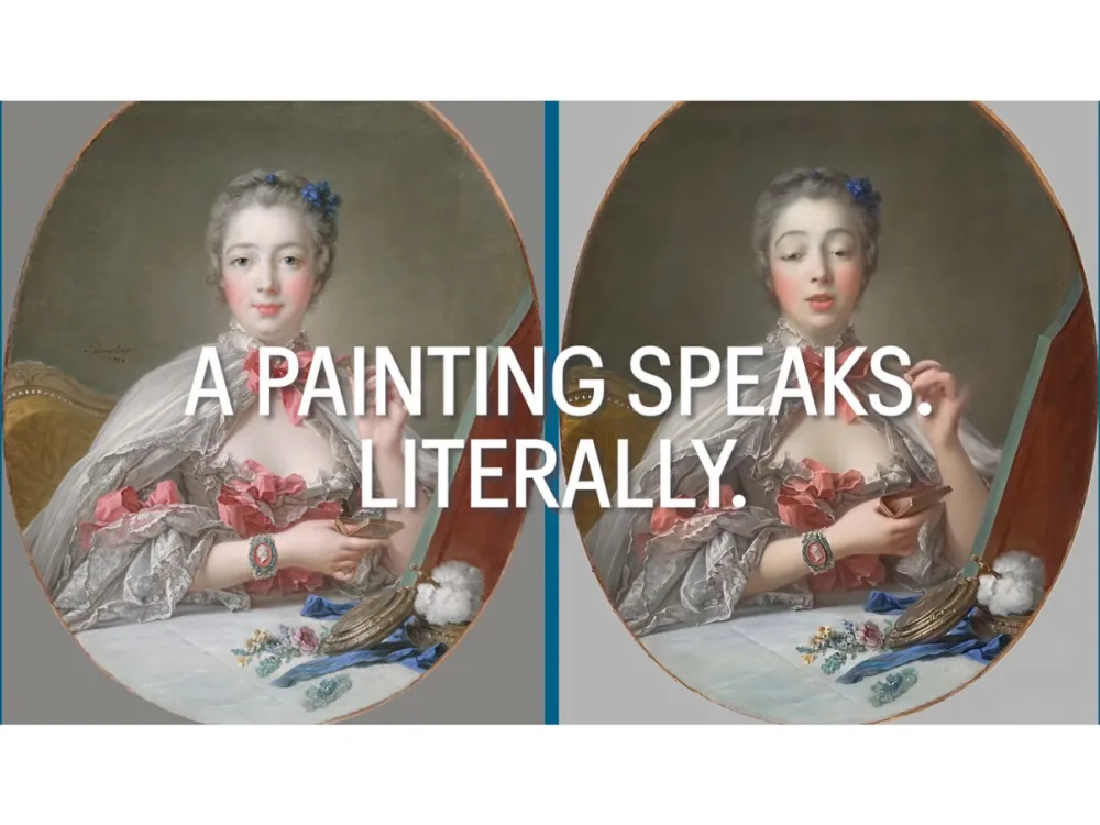 A screenshot of a video showing two paintings, one has been animated to speak. Superimposed on it is