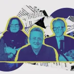 An illustration in cool colors shows three older white people—critics Roberta Smith, Christopher Knight, and Peter Schjeldahl—collaged against a crumbled newspaper.