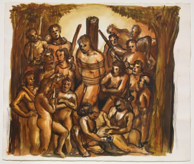 a monochrome artwork in shades of brown shows a person tied to a tree trunk at center, surrounded by more than a dozen figures, all nude, some brandishing weapons