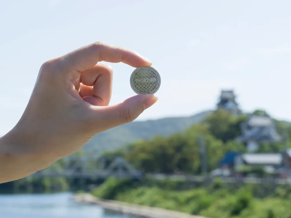 A photo shows a hand holding up a custom-made coin against a landscape background.