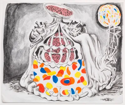 A drawing shows a mound-like creature adorned with multiple colors and unidentifiable appendages