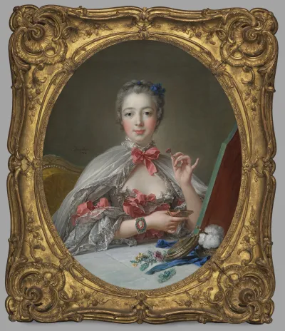 A painting of an 18th-century French aristocratic woman applying makeup at a mirror.