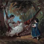 A picture of a woman in a lush forrest sitting in a hammock and holding a small child.
