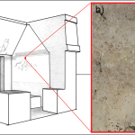 two side-by-side images. On the left is a rendering of a structure showing where drawings and texts appeared on the walls of a building. On the right in a brown textured wall with very faint symbols.
