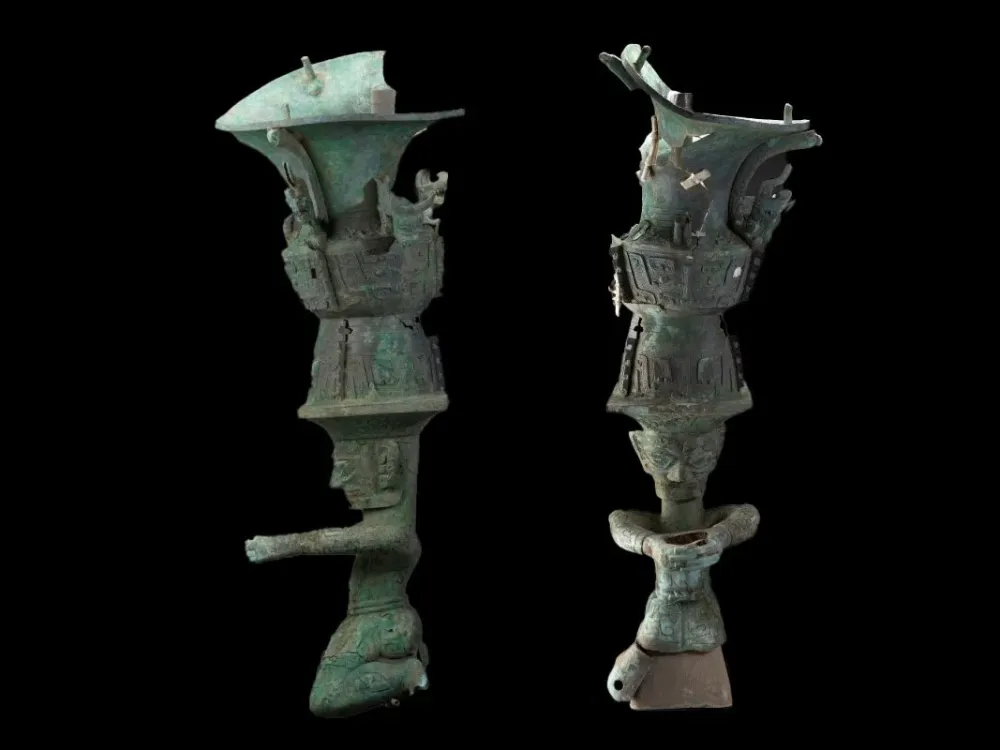 Two views of a kneeling bronze figure.