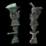Two views of a kneeling bronze figure.