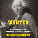 A “Wanted” campaign poster by the Musée des Beaux-Arts d’Orléans, featuring a circa 1760 to 1779 painting by Jean Siméon Chardin of Charles-Nicolas Cochin the Younger, which was looted from the museum in 1940, during the Nazi invasion.