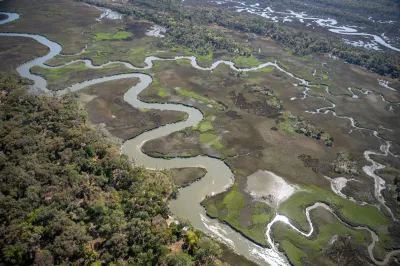 Aerial view of marshes on a barrier island.
