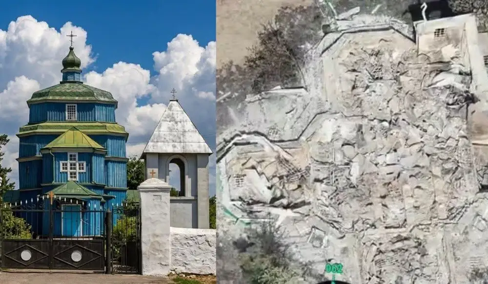 Photo on the left: The Holy Vvedenska [Presentation] Church in Beryslav, built in 1726. Photo on the right: the charred remains of the church after a Russian drone attack. Photos courtesy of Kherson Regional State Administration
