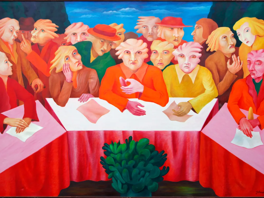 A painting by Jüri Arrak made in 1976 shows a group of people talking around a table.
