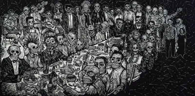 A black and white print showing a long dinner table with many sitters who have skull-like faces.