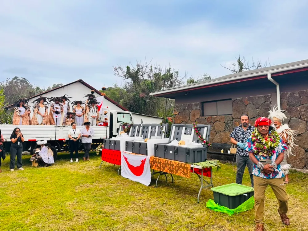 The Rapa Nui people welcome the remains of their ancestors repatriated from the Australian Museum in a ceremony on the island
