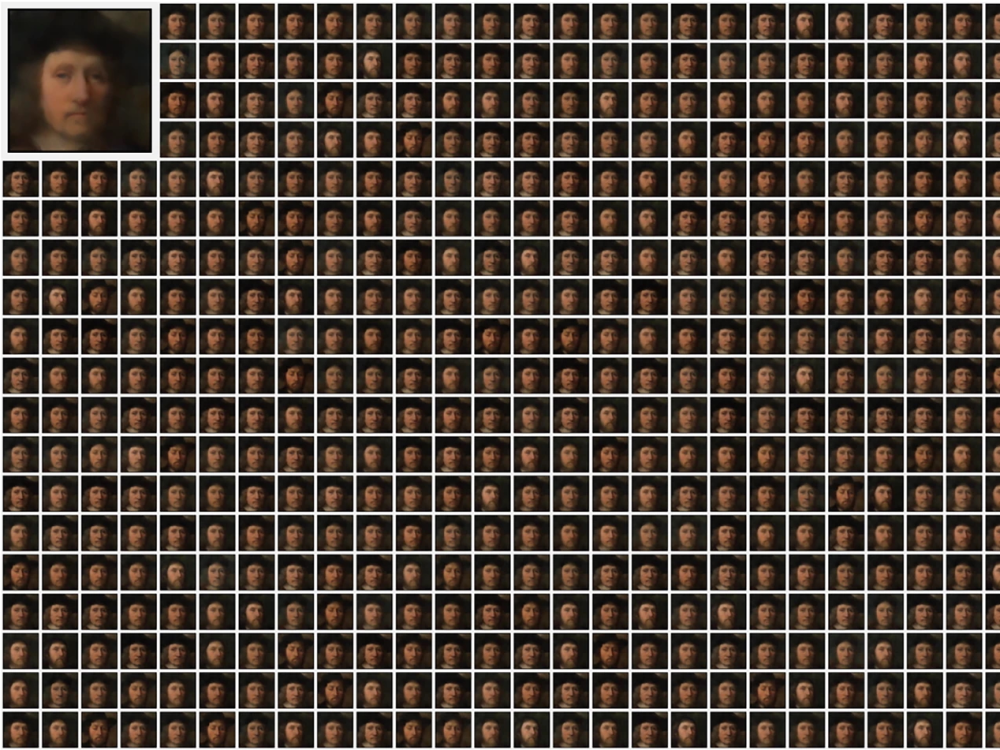 A grid shows various versions of an artwork showing a face against a dark background