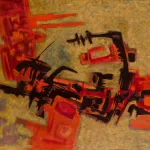 An abstract painting with a goldish background and red-orange and black shapes in the foreground.