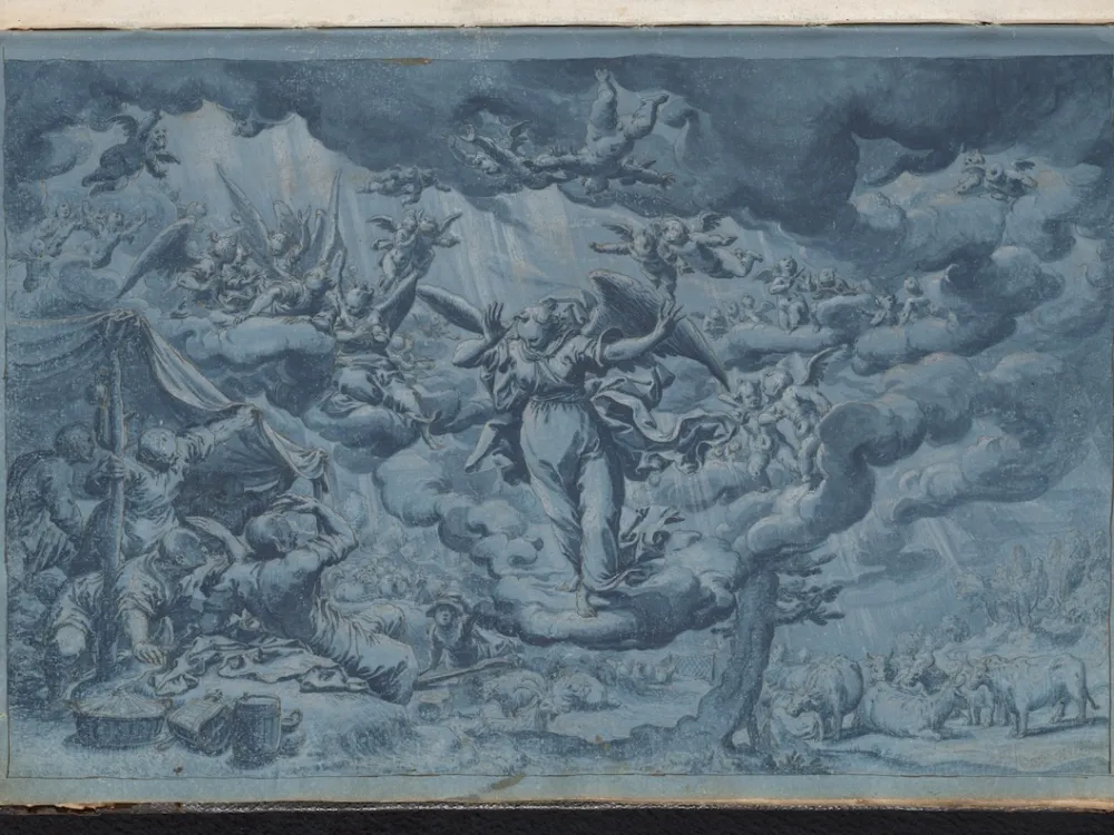 A drawing of a man on a cloud surrounded by angels.