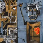 A dense painting with a figure at right who looks like a blocky robot.