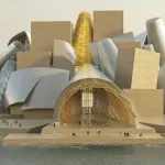 A rendering of a museum building formed from piled-up halves of steel tubes.