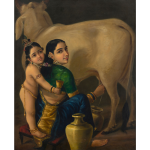 A painting of a smiling woman who is being embraced by a child while milking a cow or goat.