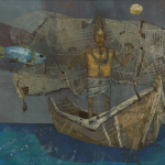 Ganesh Pyne’s The Fisherman, depicting a fisherman standing in a wooden boat before a large fishing net, with a blue fish and yellow moon against a dark background.