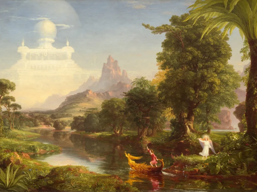 A painting of a figure on a boat in the presence of angles and gesturing toward a grand palace in the sky.