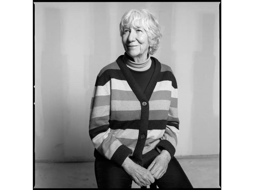 Black and white portrait of Mary Heilmann, New York City, 2020.