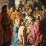A painting by Rembrandt van Rijn shows numerous people crowded around Jesus Christ as he administers to young children