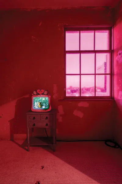 A pink small TV in a pink-lit room.