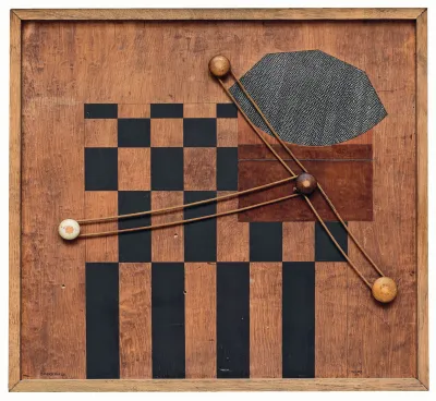 An assemblage of a leather connecting wood pegs over an irregular checkboard.