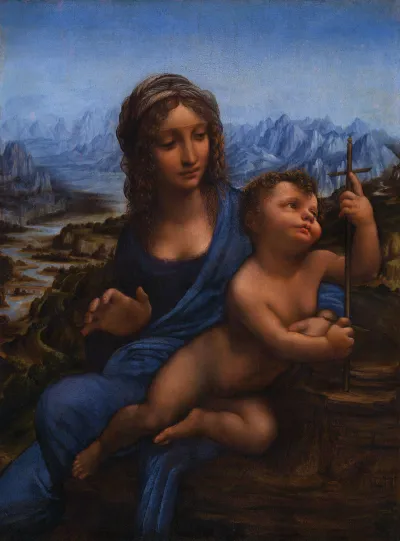 A painting of the Madonna holding a nude Christ with a blue mountainscape in the background.