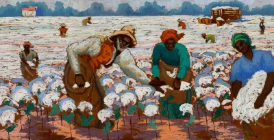 A painting showing various Black people picking cotton in a field.