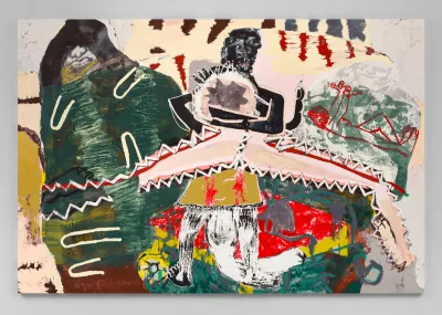 A dense semi-abstract painting with a figure of a Black woman in the center.