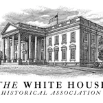 A black-and-white illustration of the White House.