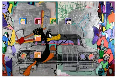 A graffiti-esque painting showing Daffy Duck running with an axe in front of a lowrider.