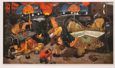 A dense painting showing various people in a dystopic scene.